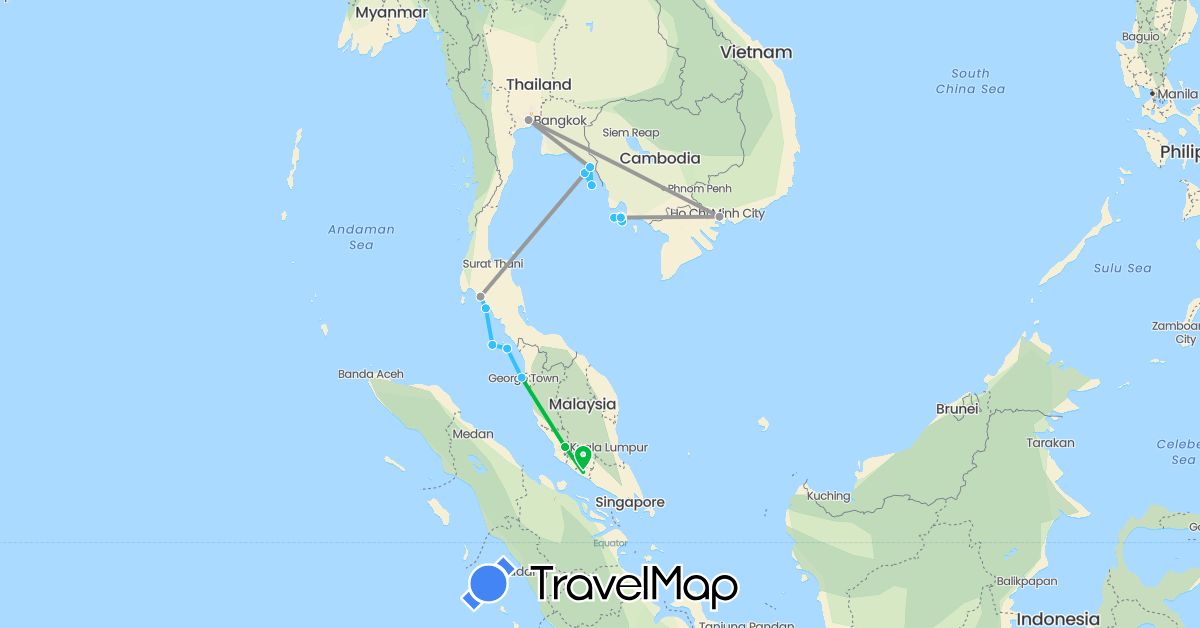 TravelMap itinerary: driving, bus, plane, boat in Cambodia, Malaysia, Thailand, Vietnam (Asia)